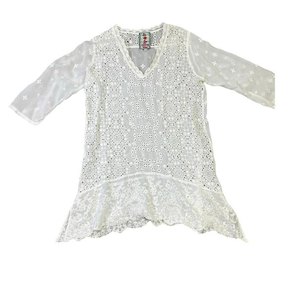 Johnny Was Tops - Johnny Was | Medium | White Lace Embroidered Eyelet 3/4 Sleeve Tunic‎ Cover-Up
